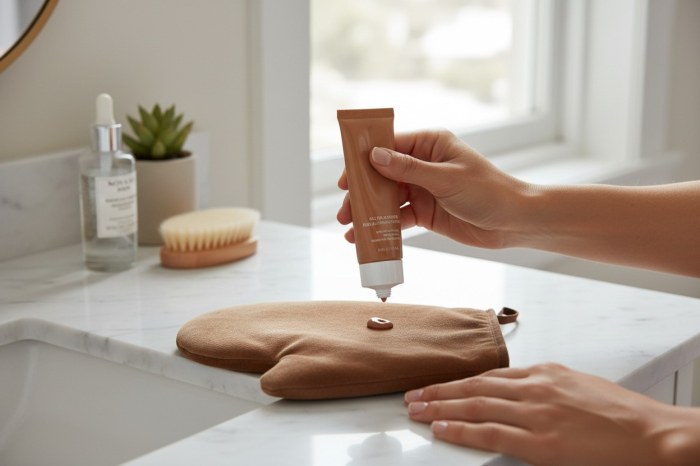 Set Profesional pentru Bronzare Fara Urme NOVA KISS® Tan Like a Pro, cu Manusa Autobronzanta, Manusa Exfolianta si Aplicator Spate-big