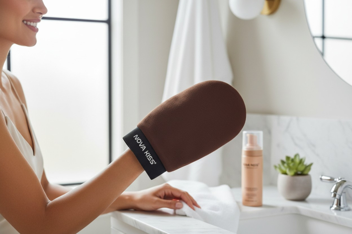 Set Profesional pentru Bronzare Fara Urme NOVA KISS® Tan Like a Pro, cu Manusa Autobronzanta, Manusa Exfolianta si Aplicator Spate-big