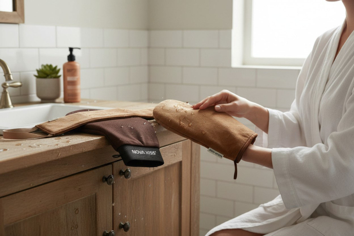 Set Profesional pentru Bronzare Fara Urme NOVA KISS® Tan Like a Pro, cu Manusa Autobronzanta, Manusa Exfolianta si Aplicator Spate-big