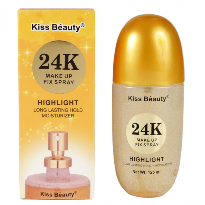 Spray Iluminator Fixare Machiaj cu Particule de Aur 24K, Rezistent la transfer, Kiss Beauty Makeup Fix, 02 Auriu, 125 ml-big