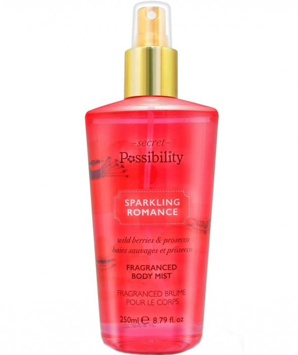 Spray parfumat pentru corp cu capsuni salbatice, piersici si sampanie Secret Possibility Sparkling Romance, 250 ml