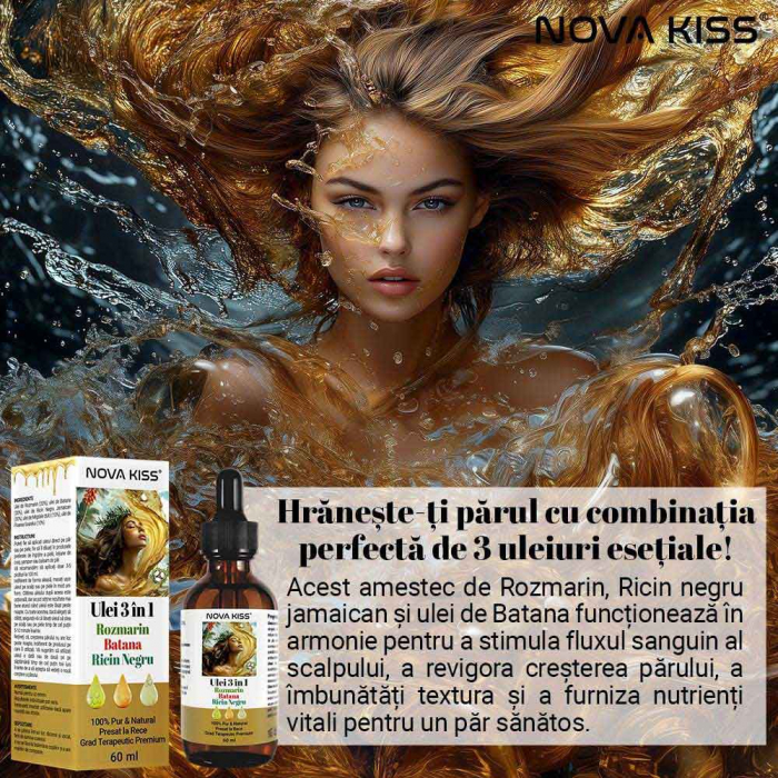 Ulei 3 in 1 Rozmarin, Batana și Ricin Negru NOVA KISS® ,100% Pur & Natural, Grad Terapeutic Premium, pentru Cresterea Parului, Tratarea Scalpului si Pielii, 60 ml-big