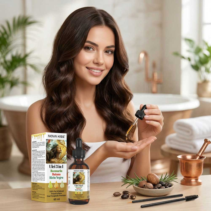Ulei 3 in 1 Rozmarin, Batana și Ricin Negru NOVA KISS® ,100% Pur & Natural, Grad Terapeutic Premium, pentru Cresterea Parului, Tratarea Scalpului si Pielii, 60 ml-big