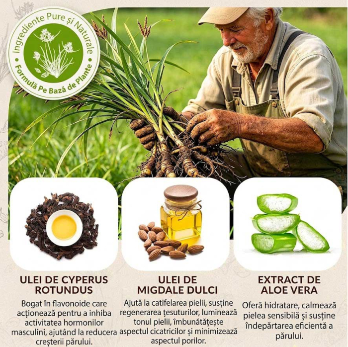 Ulei de Cyperus Rotundus, Roll-On 100% Natural pentru Reducerea Cresterii Parului Nedorit, 60 ml-big