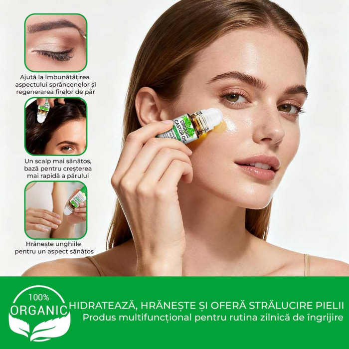 Ulei de Ricin 100% Pur Organic, Roll-On, pentru Ten, Gene, Sprancene, Unghii, 30 ml-big