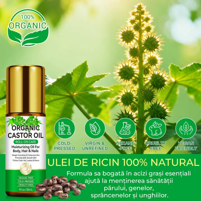 Ulei de Ricin 100% Pur Organic, Roll-On, pentru Ten, Gene, Sprancene, Unghii, 30 ml-big
