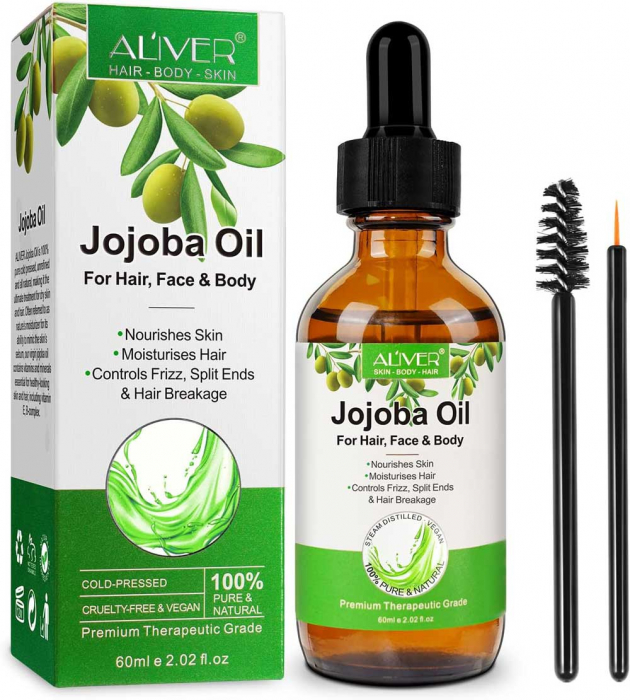 Ulei premium de Jojoba 100% Natural pentru Par, Barba, Piele, Unghii si Cuticule, Efect Hidratant si Reparator, Aliver 60 ml