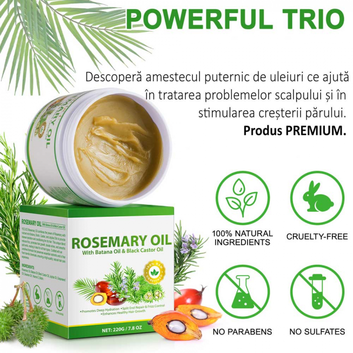 Ulei Premium de Rozmarin, Batana si Ricin, 100% Raw & Nerafinat pentru Cresterea Parului, 220 g-big