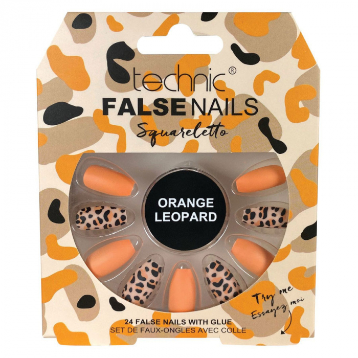 Set 24 Unghii False cu adeziv inclus Technic False Nails, Squareletto, Orange Leopard-big