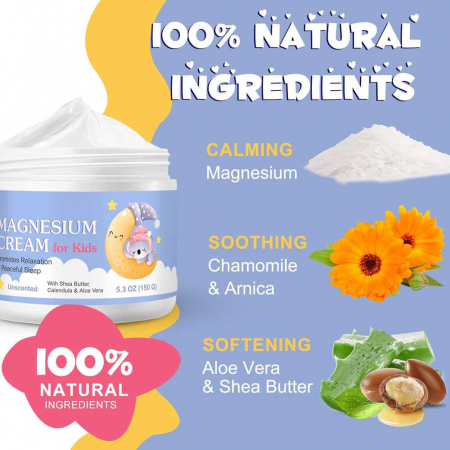 Crema cu Magneziu pentru Copii cu Unt de Shea, Aloe Vera si Galbenele, Calm, Relaxare si Somn Linistit, NOVA KISS®, 150 g6