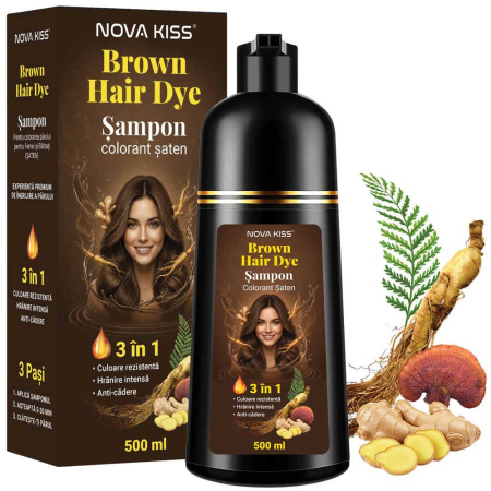 Sampon Colorant Saten NOVA KISS® pentru Vopsirea Parului, 3 in 1, Acoperire Fire Albe, Brown, 500 ml