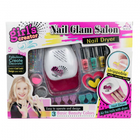 Set manichiura creativ pentru copii cu Uscator pentru unghii si Accesorii Nova Kiss Nail Glam Salon, Varsta 5+0