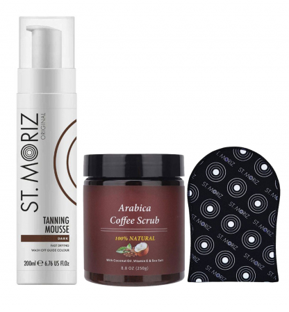 Pachet complet pentru Autobronzare Profesionala ST MORIZ cu Spuma Dark, Scrub cu Extract de Cafea si Manusa0