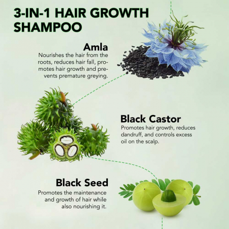 Sampon 3 in 1 cu Ulei de Ricin, Amla, Negrilica pentru Cresterea Parului, 300 ml1