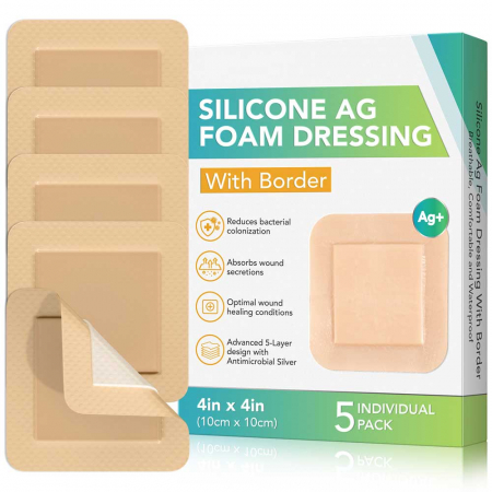 Set 5 Pansamente cu Argint si Silicon, din Spuma Absorbanta, cu margine adeziva, 10 cm x 10 cm0