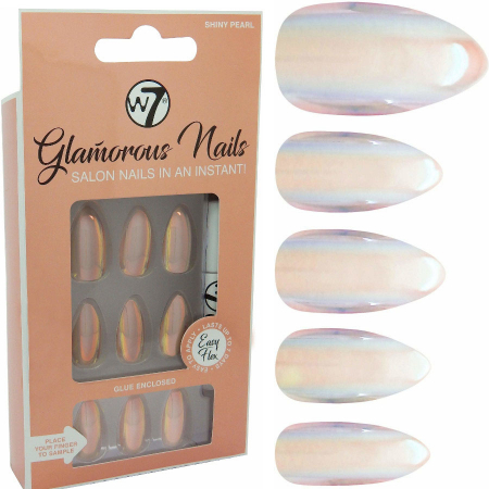 Kit 24 Unghii False W7 Glamorous Nails, Shiny Pearl, cu adeziv inclus si pila de unghii0