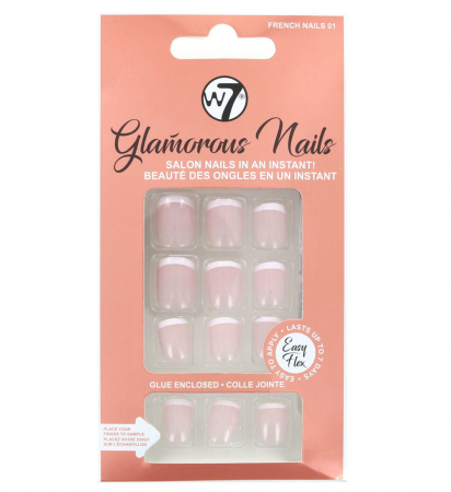 Kit 24 Unghii False W7 Glamorous Nails, French Nails 01, cu adeziv inclus si pila de unghii0