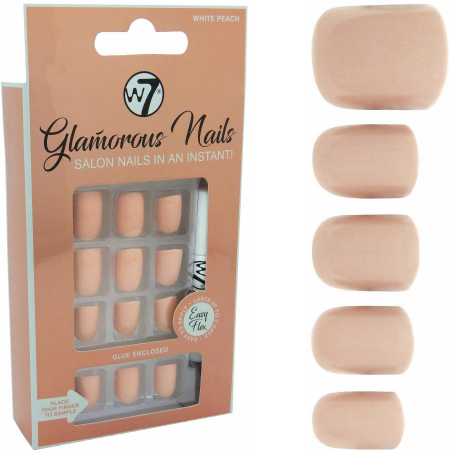 Kit 24 Unghii False W7 Glamorous Nails, White Peach, cu adeziv inclus si pila de unghii0