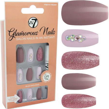 Kit 24 Unghii False W7 Glamorous Nails, Pretty Peony, cu adeziv inclus si pila de unghii0