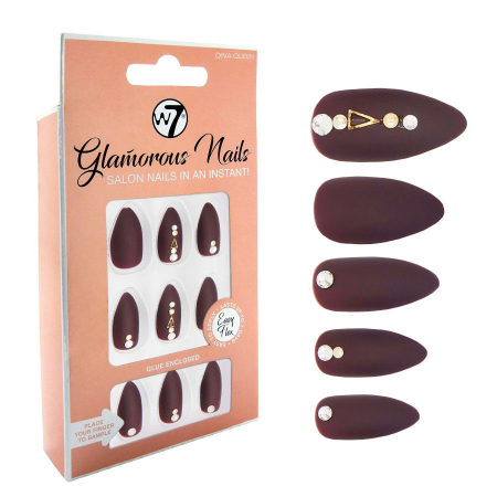 Kit 24 Unghii False W7 Glamorous Nails, Diva Queen, cu adeziv inclus si pila de unghii0