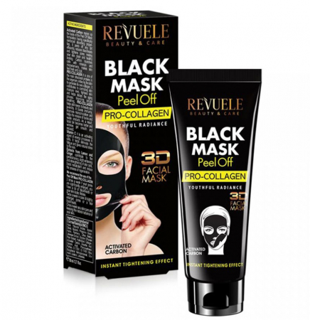 Masca neagra 3D cu carbune activ, vitamina C si colagen REVUELE Pro-Collagen, Youthful Radiance, Peel Off, 80 ml