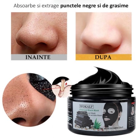 Masca neagra pentru indepartat punctele negre, punctele de grasime, efect anti-rid, Wokali cu carbune activ, 300 g8