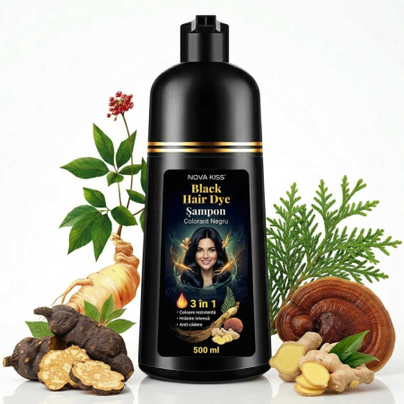 Sampon 3 in 1 pentru Vopsirea Parului Negru, Acoperirea Parului Alb, Regenerare cu Ghimbir, 500 ml