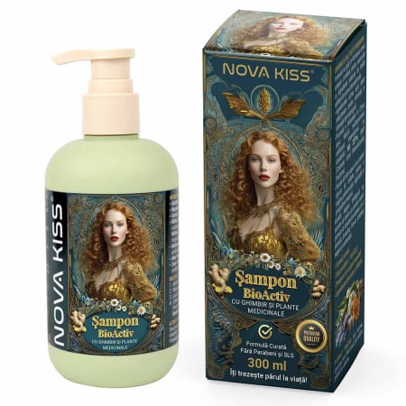 Sampon BioActiv cu Ghimbir Impotriva Caderii Parului, Efect Regenerator, Formula Premium Fara Parabeni si SLS, NOVA KISS®, 300 ml 