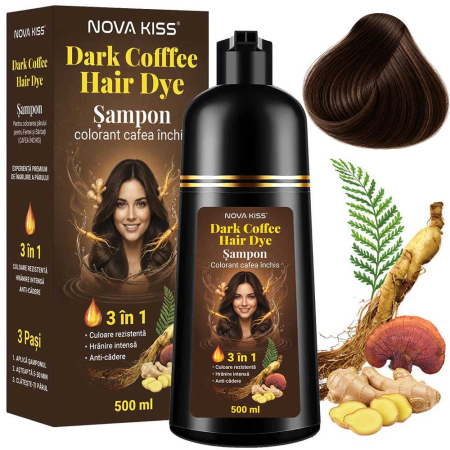 Sampon Colorant Cafea Inchis NOVA KISS® pentru Vopsirea Parului, 3 in 1, Acoperire Fire Albe, Dark Coffee, 500 ml