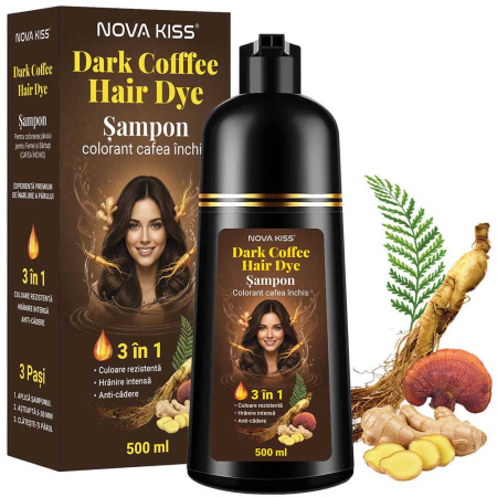 Sampon Colorant Cafea Inchis NOVA KISS® pentru Vopsirea Parului, 3 in 1, Acoperire Fire Albe, Dark Coffee, 500 ml