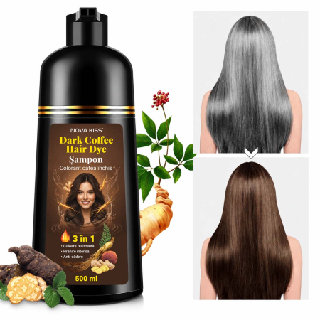 Sampon Colorant Maro Inchis, Acoperire Fire Albe si Regenerare 3 in 1, #5 Dark Coffee, 500 ml