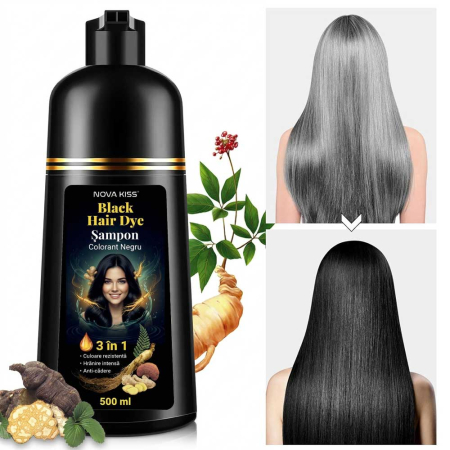 Sampon Colorant Negru, Acoperire Fire Albe, Regenerare 3 in 1 cu Ghimbir, 500 ml
