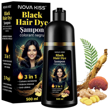 Sampon Colorant NOVA KISS® pentru Vopsirea Parului Negru, 3 in 1, Acoperire Fire Albe, 500 ml