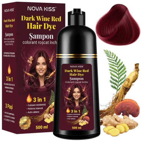 Sampon Colorant Roscat Inchis NOVA KISS® pentru Vopsirea Parului, 3 in 1, Acoperire Fire Albe, Dark Wine Red, 500 ml