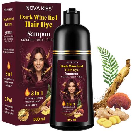 Sampon Colorant Roscat Inchis NOVA KISS® pentru Vopsirea Parului, 3 in 1, Acoperire Fire Albe, Dark Wine Red, 500 ml