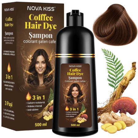 Sampon Colorant Saten Cafea NOVA KISS® pentru Vopsirea Parului, 3 in 1, Acoperire Fire Albe, Coffee, 500 ml