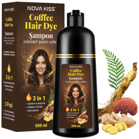 Sampon Colorant Saten Cafea NOVA KISS® pentru Vopsirea Parului, 3 in 1, Acoperire Fire Albe, Coffee, 500 ml