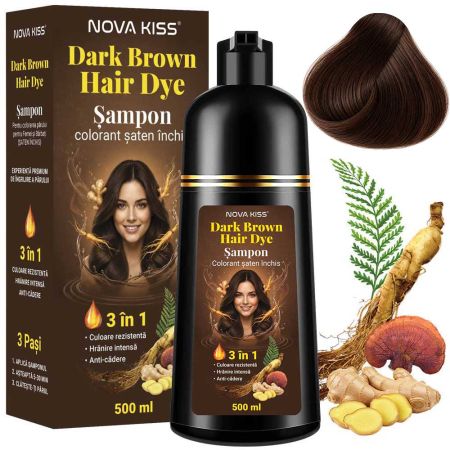 Sampon Colorant Saten Inchis NOVA KISS® pentru Vopsirea Parului, 3 in 1, Acoperire Fire Albe, Dark Brown, 500 ml