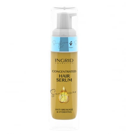 Ser Concentrat pentru par fragil Ingrid Hair Serum cu Ulei de Floarea Soarelui, rol anti-rupere si anti-cadere, 30 ml