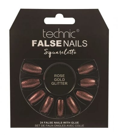 Set 24 Unghii False cu adeziv inclus Technic False Nails, Squareletto, Rose Gold Glitter