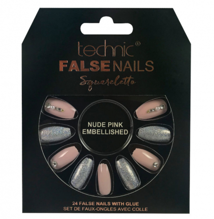 Set 24 Unghii False cu adeziv inclus Technic False Nails, Squareletto, Nude Pink Embellished