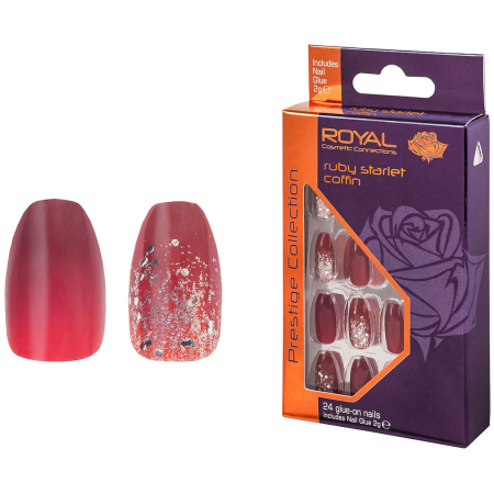 Set 24 Unghii False ROYAL Prestige Collection, Glue-On Nail Tips, Ruby Starlet Coﬃn, Adeziv Inclus