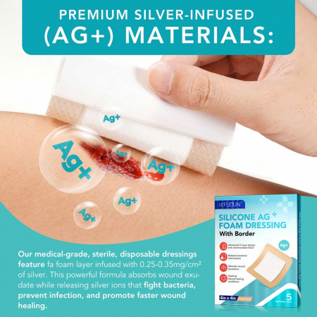 Comprese Premium pentru Cicatrici din Spuma de Silicon cu Argint si Margine Adeziva, 5 buc, 10 cm x 10 cm10