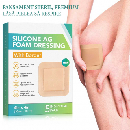 Set 5 Pansamente cu Argint si Silicon, din Spuma Absorbanta, cu margine adeziva, 10 cm x 10 cm2