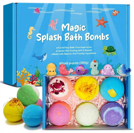 Set 6 Bombe de Baie pentru Copii cu Surpiza in Interior, Arome si Culori Diferite, 6 x 60 g