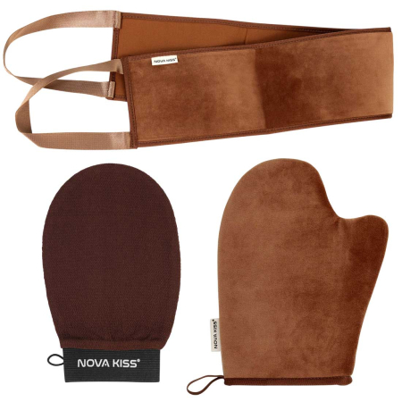 Set Profesional pentru Bronzare Fara Urme NOVA KISS® Tan Like a Pro, cu Manusa Autobronzanta, Manusa Exfolianta si Aplicator Spate
