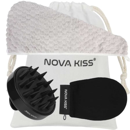 Set SPA cu Perie Masaj Scalp, Prosop Turban, Manusa Exfolianta si Saculet din Bumbac Organic, NOVA KISS®