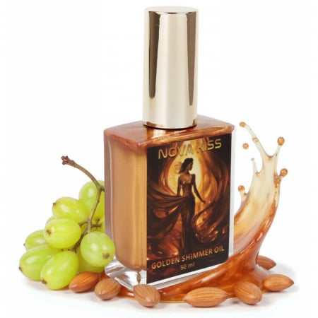 Ulei uscat stralucitor pentru corp si par cu sidef auriu, NOVA KISS® Golden Face & Body Shimmer, 50 ml