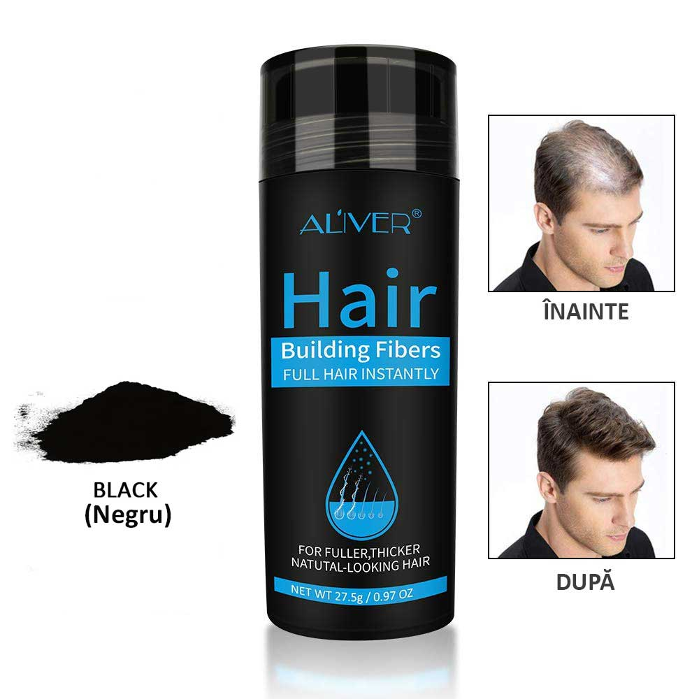 Fibre pentru par rar, Pudra, Aspect natural, Efect instant de umplere, Aliver, 27.5 g Negru (Black)