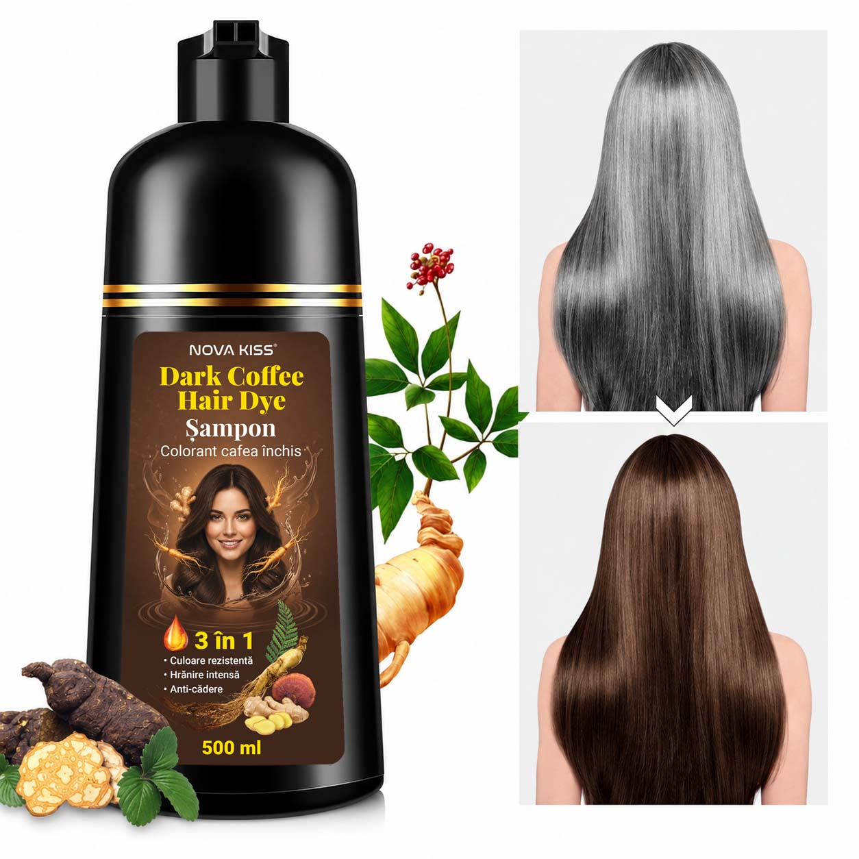 Sampon Colorant Maro Inchis, Acoperire Fire Albe si Regenerare 3 in 1,  5 Dark Coffee, 500 ml